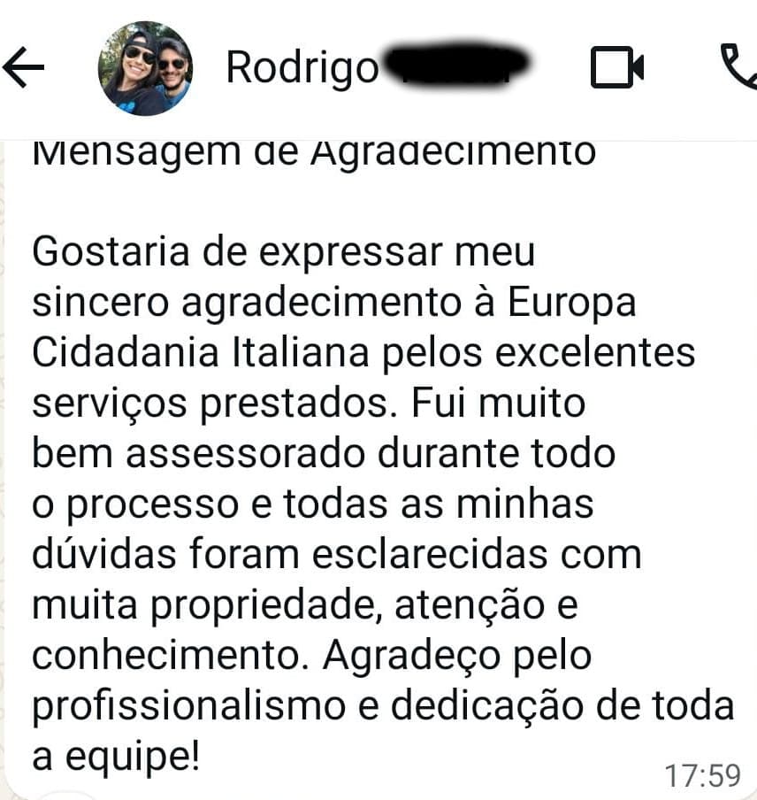 Depoimento de cliente satisfeito 4 - Europa Cidadania Italiana