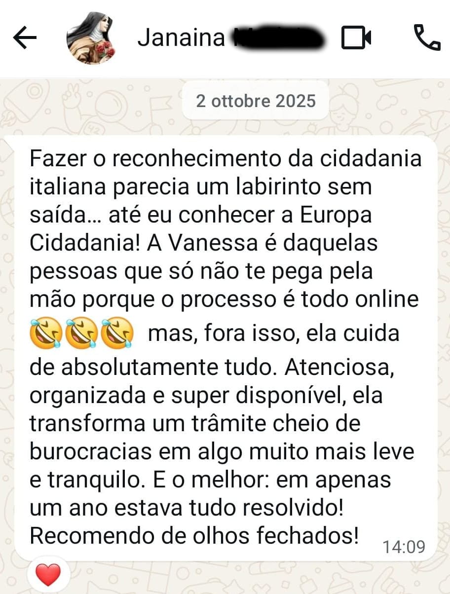 Depoimento de cliente satisfeito 5 - Europa Cidadania Italiana