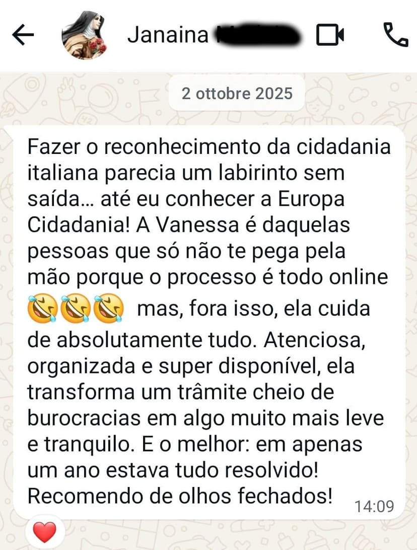 Depoimento de cliente satisfeito 5 - Europa Cidadania Italiana